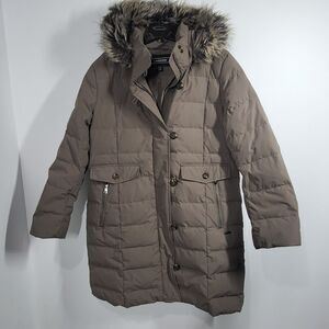 Land's End Women's Full Length Tan Puffer Coat With Faux Fur Hood Trim